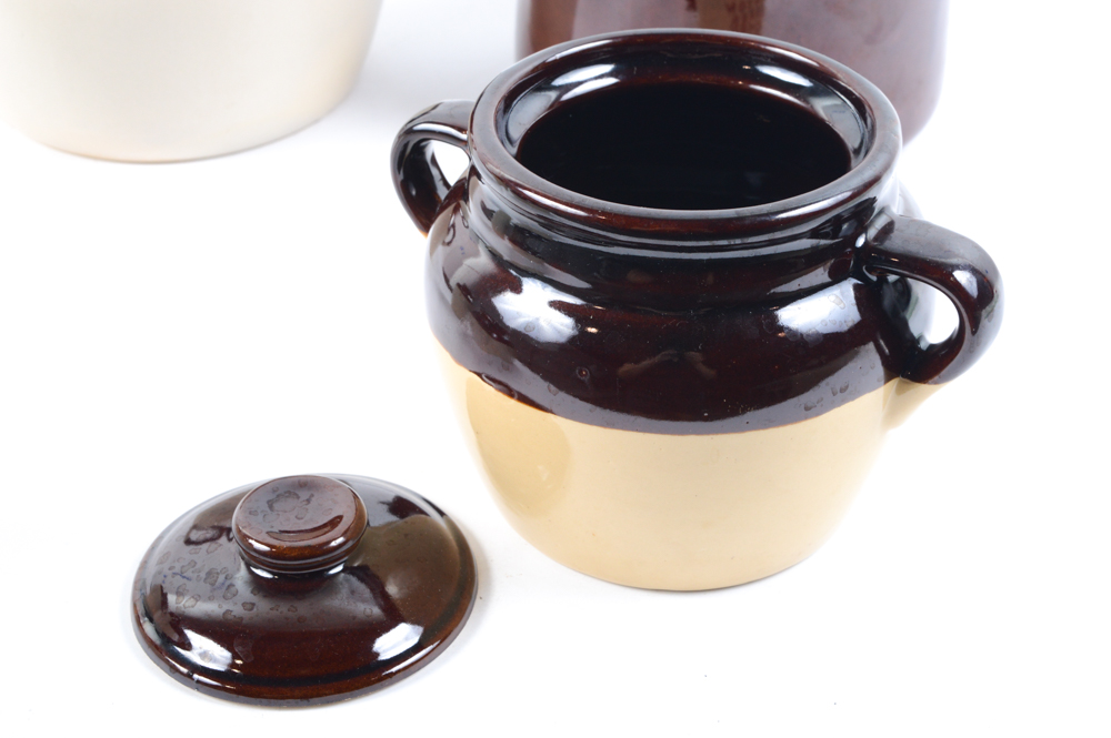 Brown and Tan Stoneware Crocks including West Bend