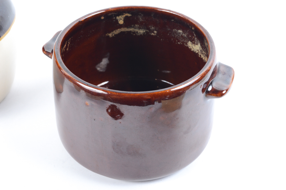 Brown and Tan Stoneware Crocks including West Bend