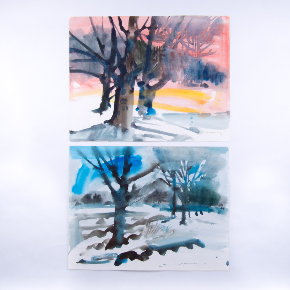 Jack Meanwell Watercolor Paintings on Paper 1977 Tree Landscapes