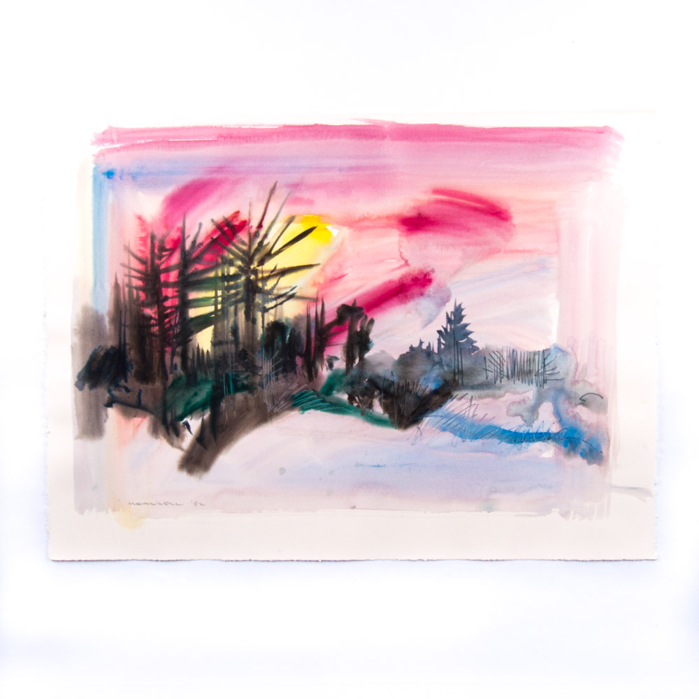 Jack Meanwell Watercolor Painting on Paper 1982 Forest in Winter at Sunset