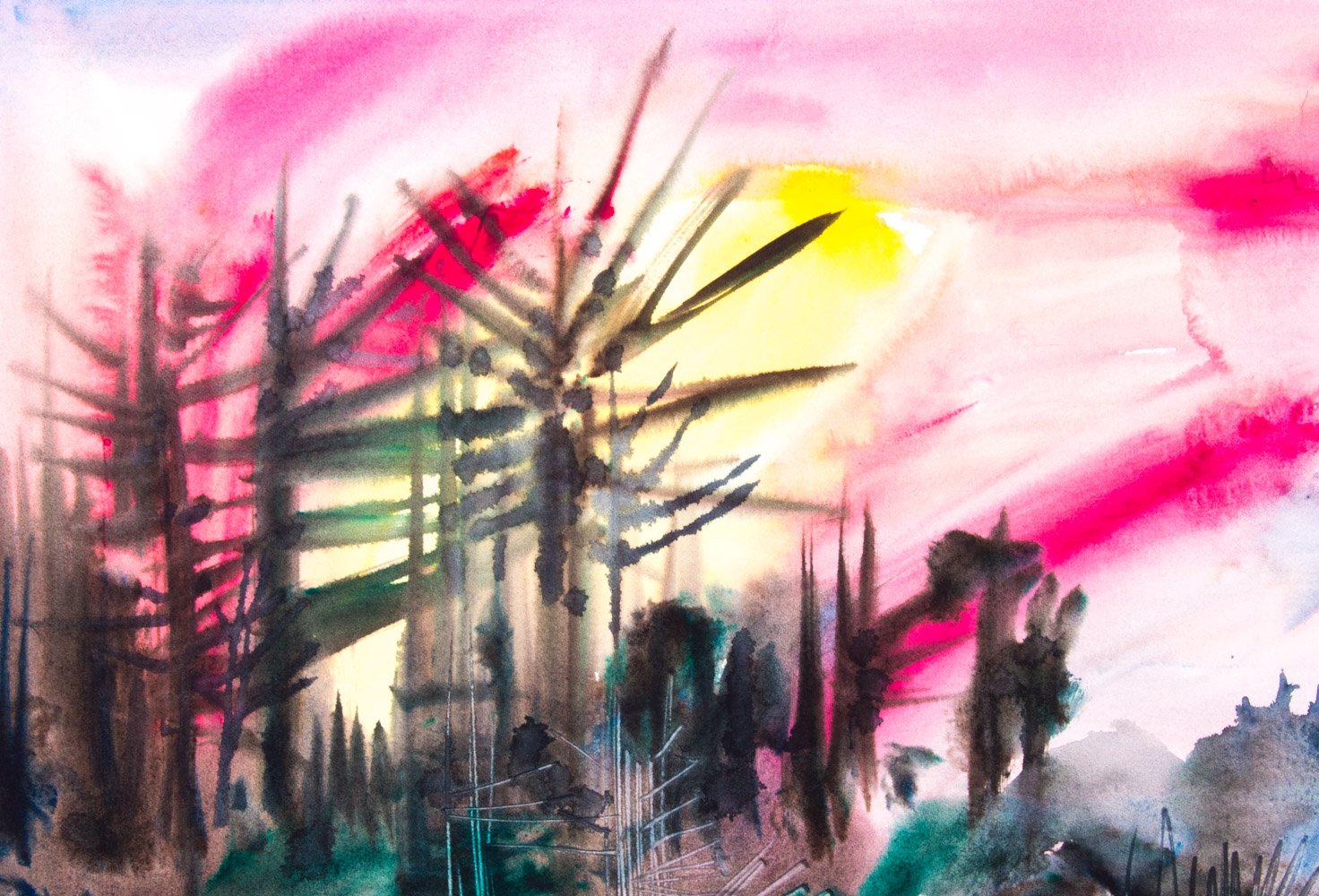 Jack Meanwell Watercolor Painting on Paper 1982 Forest in Winter at Sunset