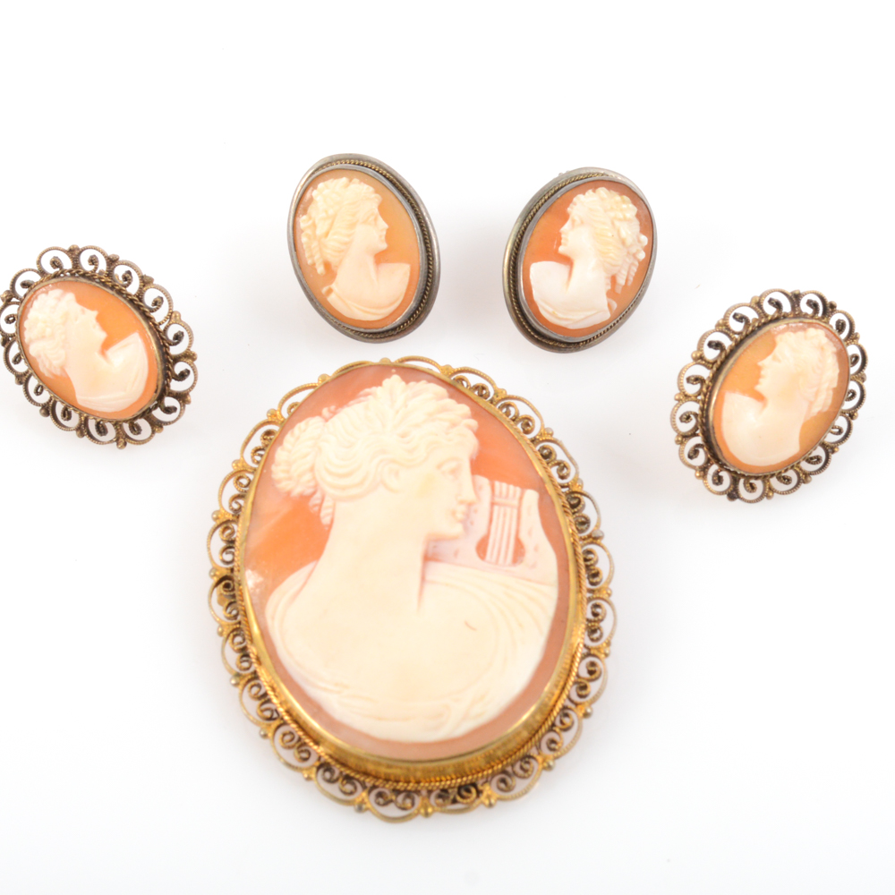 Coin Silver and Carved Shell Cameo Jewelry Assortment