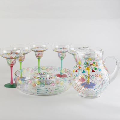 Artisan Signed Painted Art Glass Margarita Glasses, Pitcher and Chip/Dip