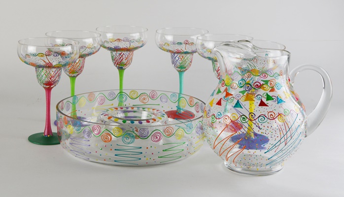 Artisan Signed Painted Art Glass Margarita Glasses, Pitcher and Chip/Dip