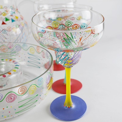 Artisan Signed Painted Art Glass Margarita Glasses, Pitcher and Chip/Dip