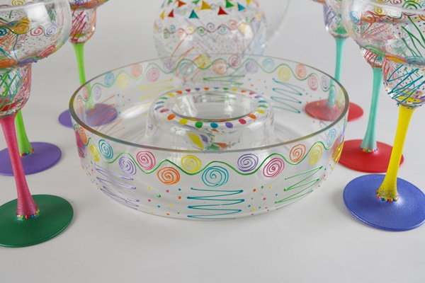 Artisan Signed Painted Art Glass Margarita Glasses, Pitcher and Chip/Dip