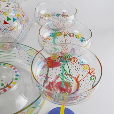 Artisan Signed Painted Art Glass Margarita Glasses, Pitcher and Chip/Dip