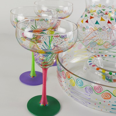 Artisan Signed Painted Art Glass Margarita Glasses, Pitcher and Chip/Dip