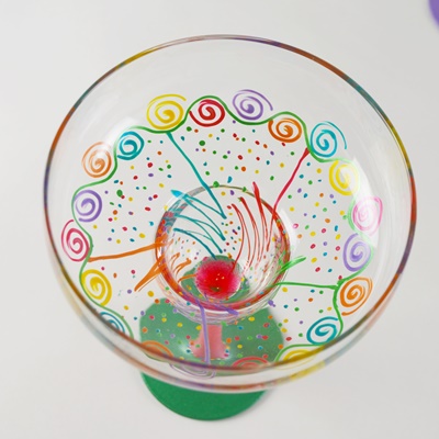 Artisan Signed Painted Art Glass Margarita Glasses, Pitcher and Chip/Dip