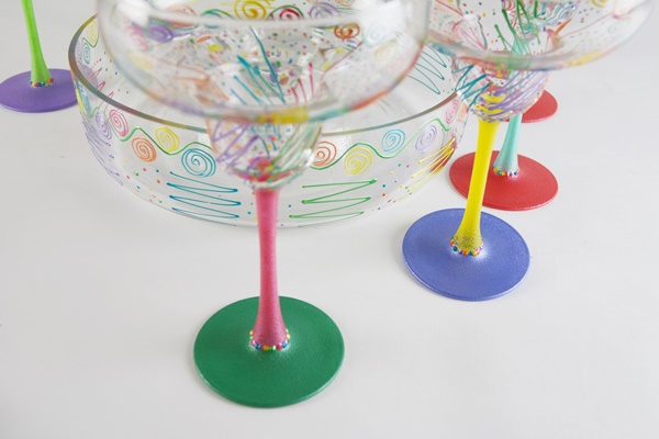 Artisan Signed Painted Art Glass Margarita Glasses, Pitcher and Chip/Dip