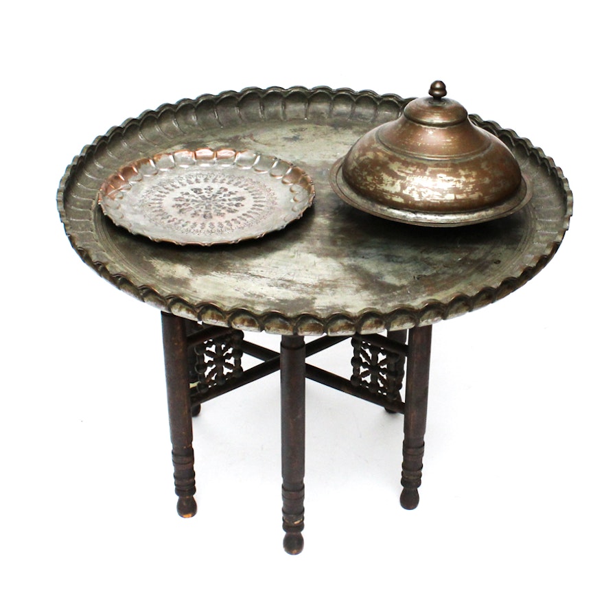 Antique Mid-Eastern Tinned Copper Tray Table, Tray, and Lidded Bowl