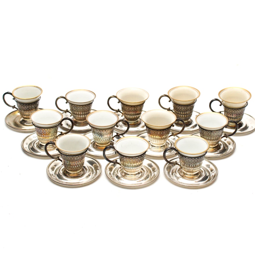 Demitasse Cups with Webster Sterling Silver Cup Holders and Saucers