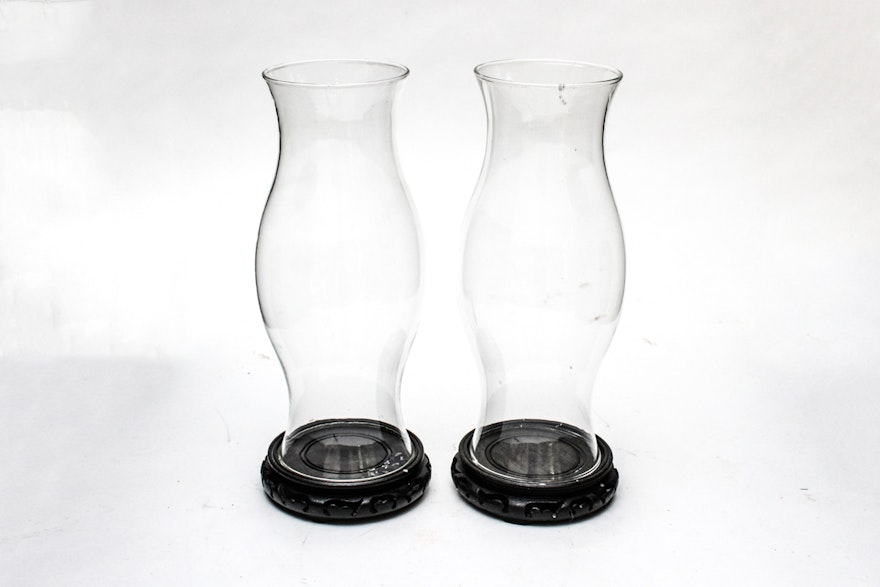 Pair of Hurricane Chimney Candle Covers With Wood Stands