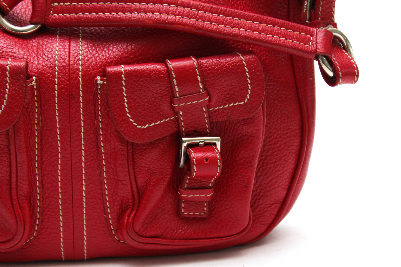 Prada Red Pebbled Leather Hobo Handbag