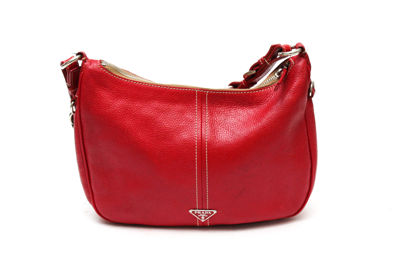 Prada Red Pebbled Leather Hobo Handbag