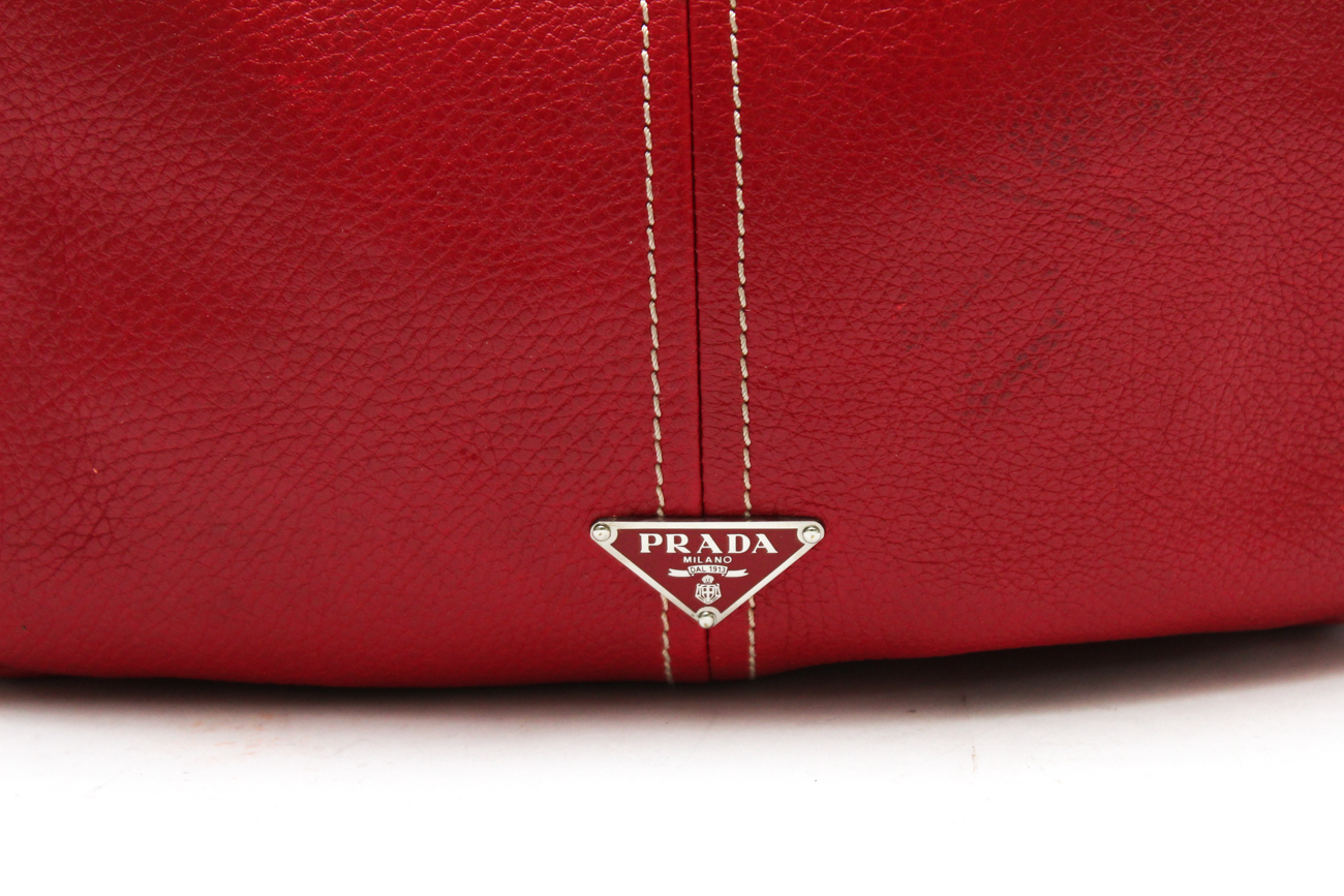 Prada Red Pebbled Leather Hobo Handbag