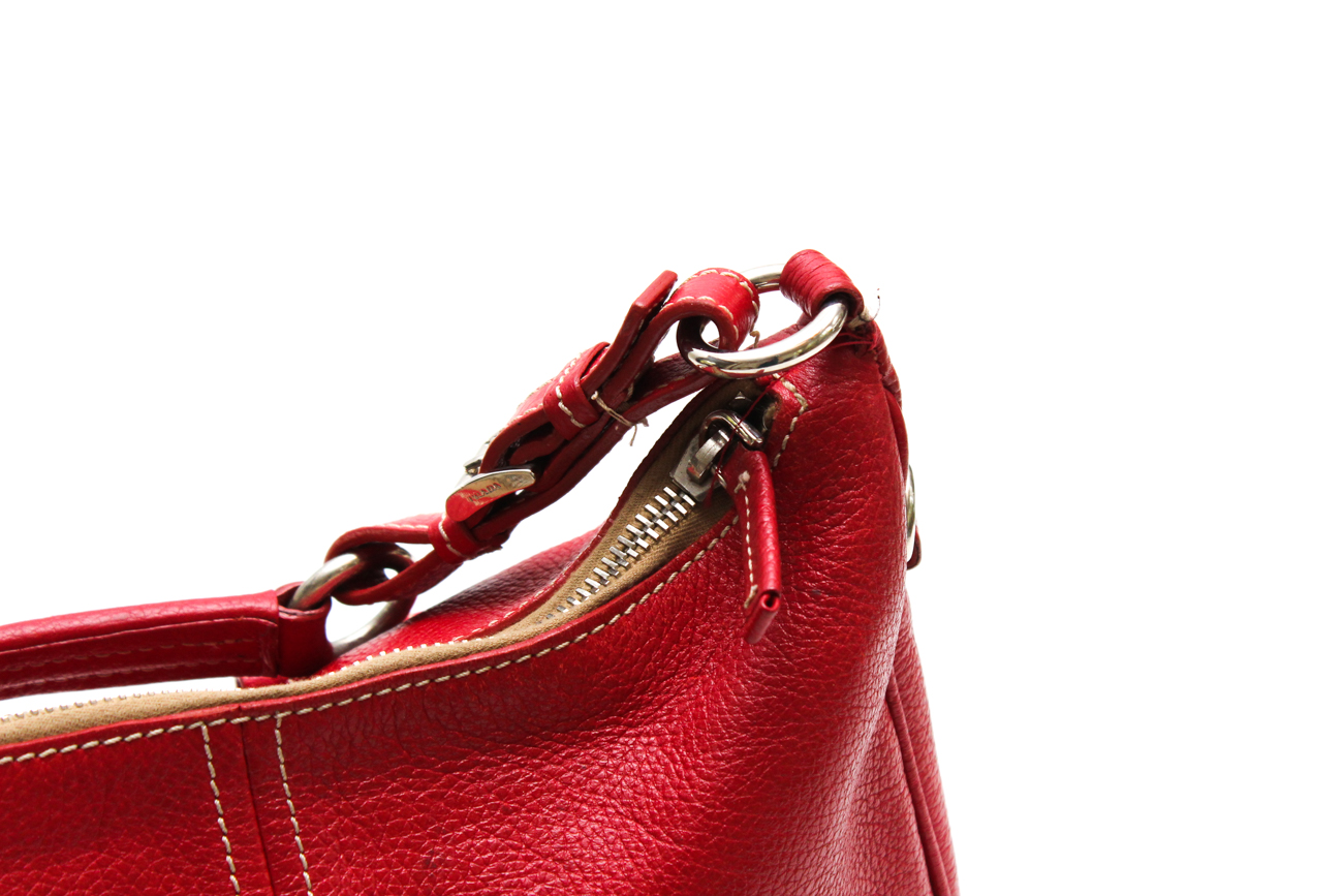 Prada Red Pebbled Leather Hobo Handbag
