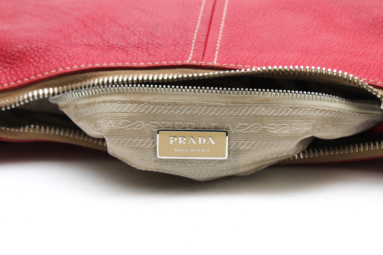 Prada Red Pebbled Leather Hobo Handbag