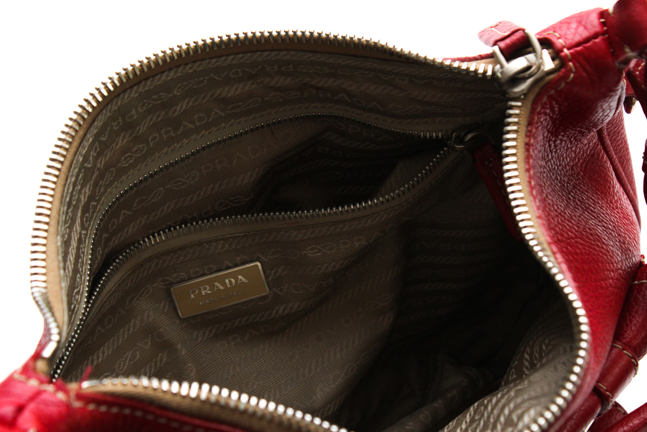 Prada Red Pebbled Leather Hobo Handbag
