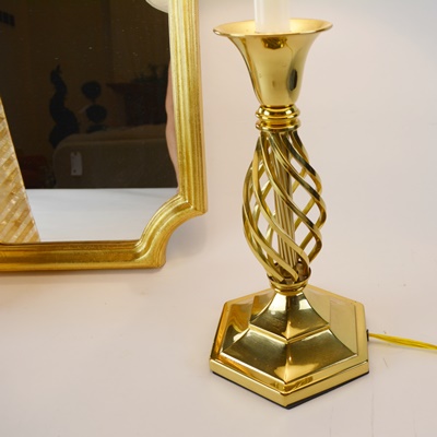 Brass Tone Table Lamp, Italian Mirror and Table Top Finial