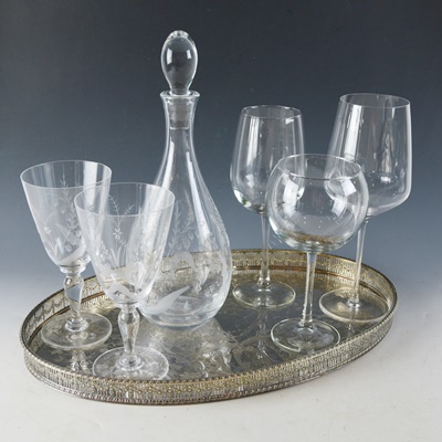 Crystal Decanter and Wine Glasses with Viner's Silver Plate Tray