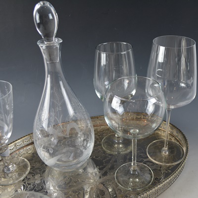 Crystal Decanter and Wine Glasses with Viner's Silver Plate Tray