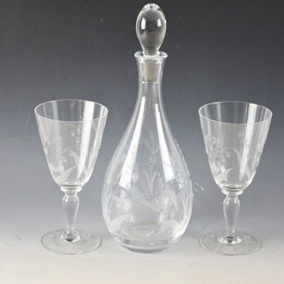 Crystal Decanter and Wine Glasses with Viner's Silver Plate Tray