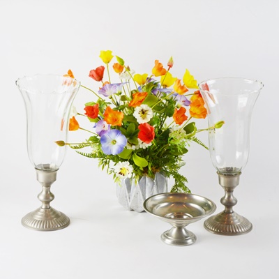 Silver Tone Hurricane Candle Stands, Compote and Faux Floral Decor