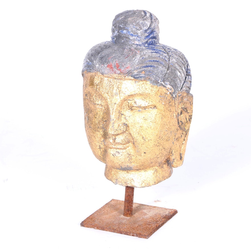 Gold Tone Carved Wood Sculpture of the Head of Buddha