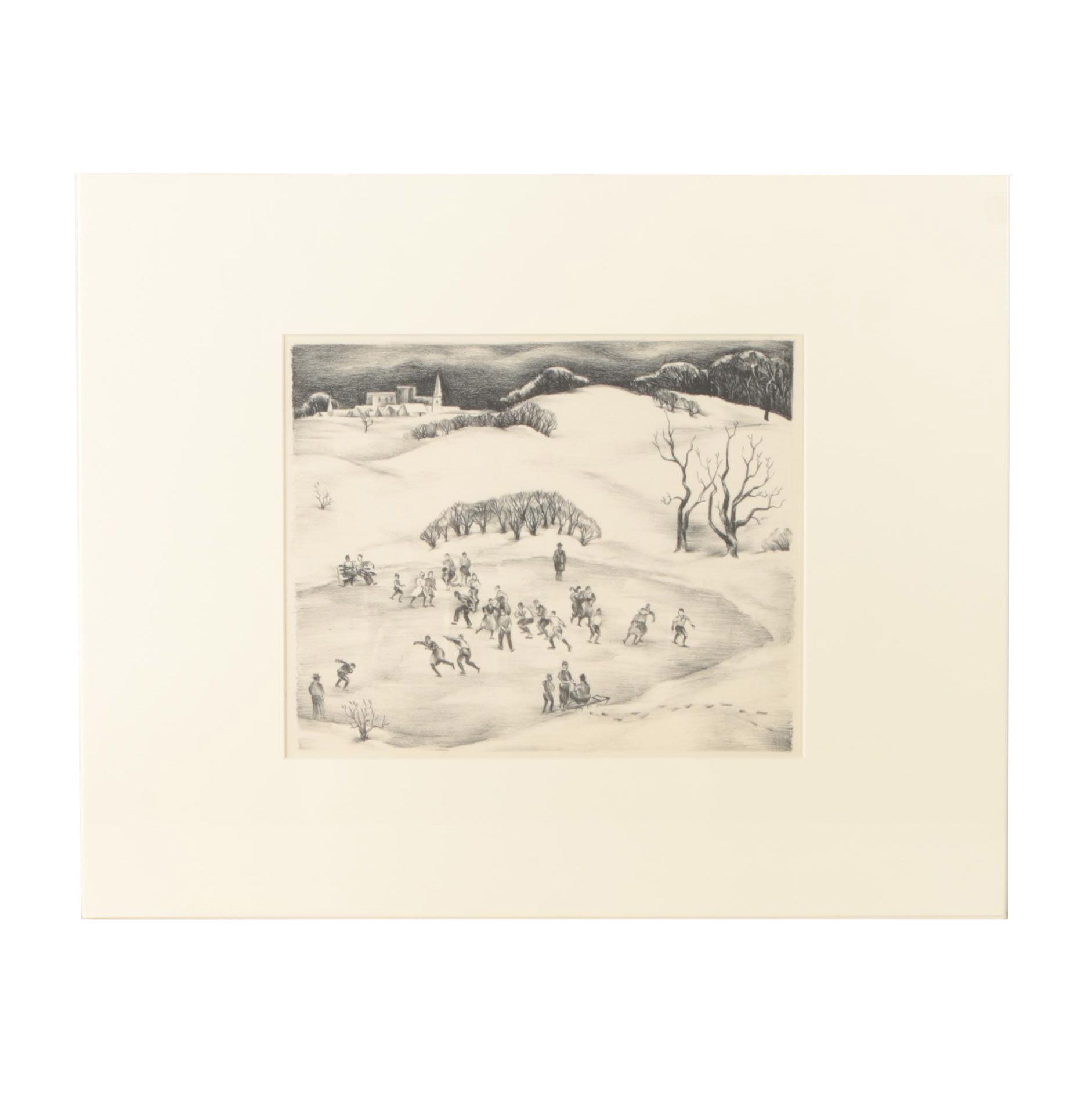 Arthur Helwig Lithograph on Paper "Unititled (Skating Scene)"