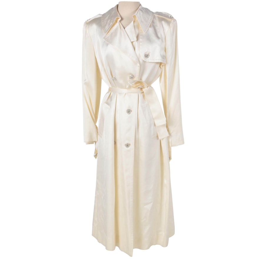 Women's White Stain Evening Trench Coat with Rhinestone Buttonsfor Newman-Marcus