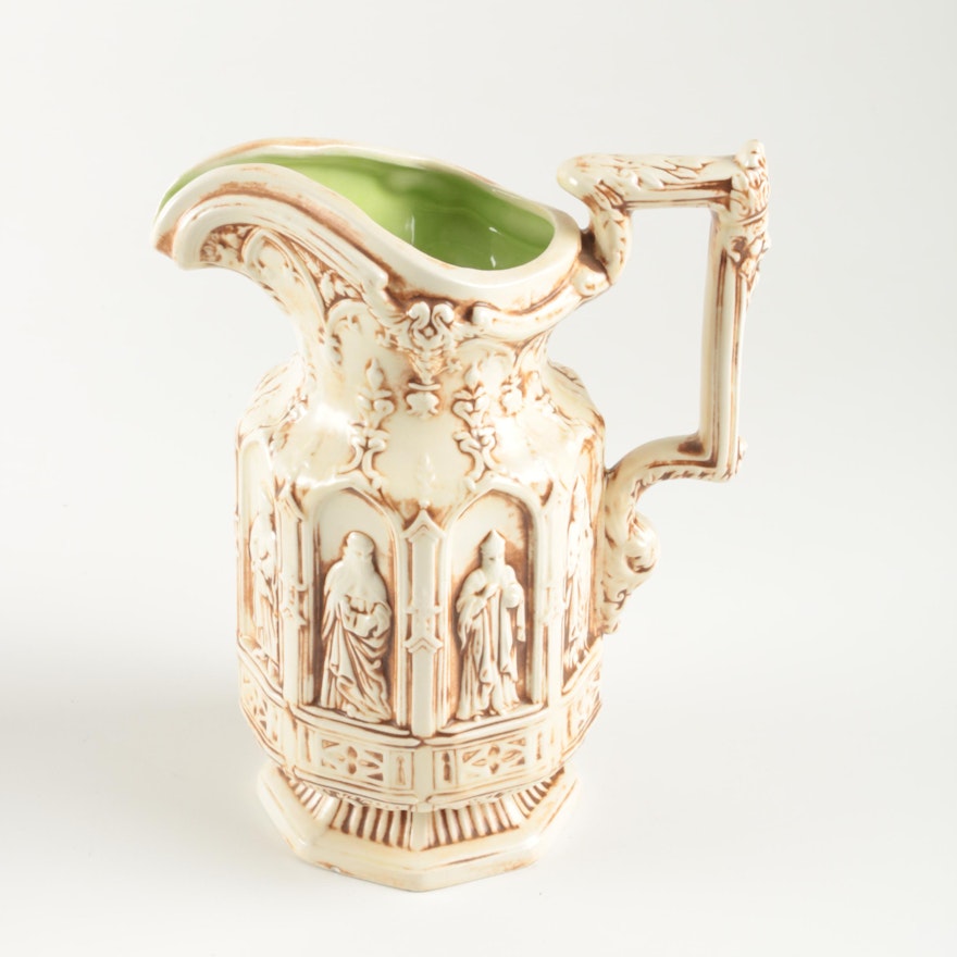 Signed Ceramic Pitcher with Iconographic Motif