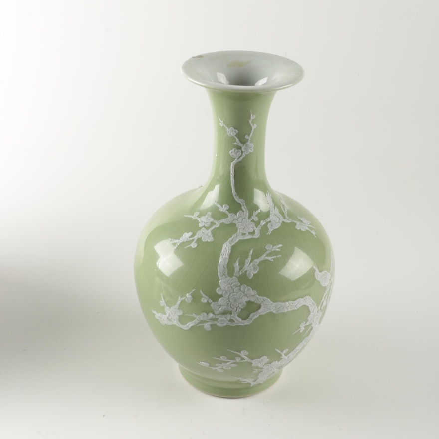 Chinese Decorative Sage Green and White Cherry Blossom Vase