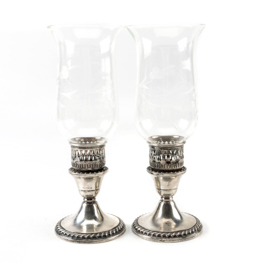 Rogers Weighted Sterling Silver Candleholders and Etched Glass Hurricanes