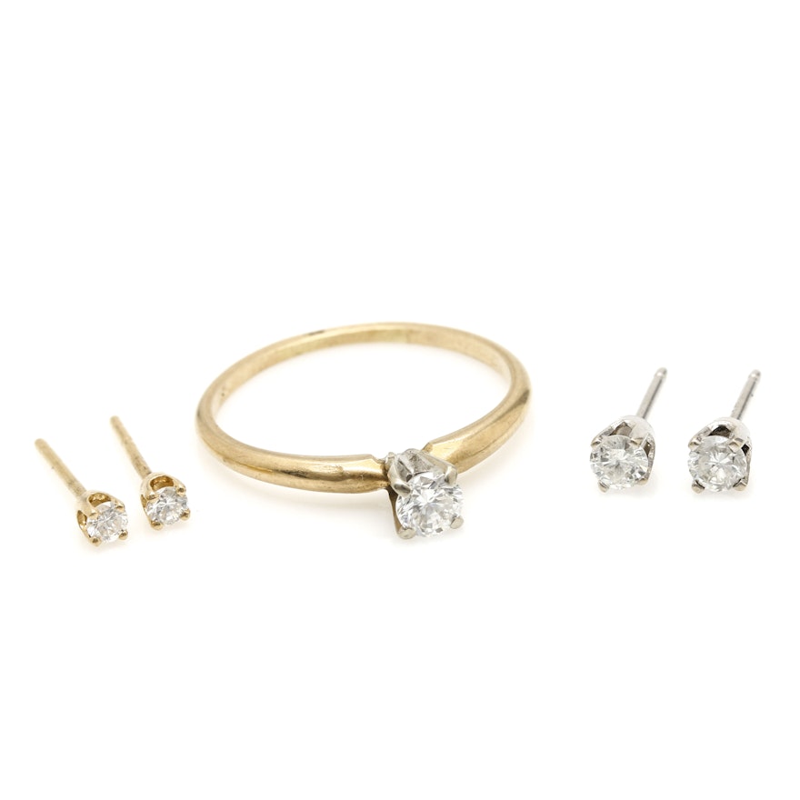 Assortment of 14K White and Yellow Gold Diamond Stud Earrings and Ring