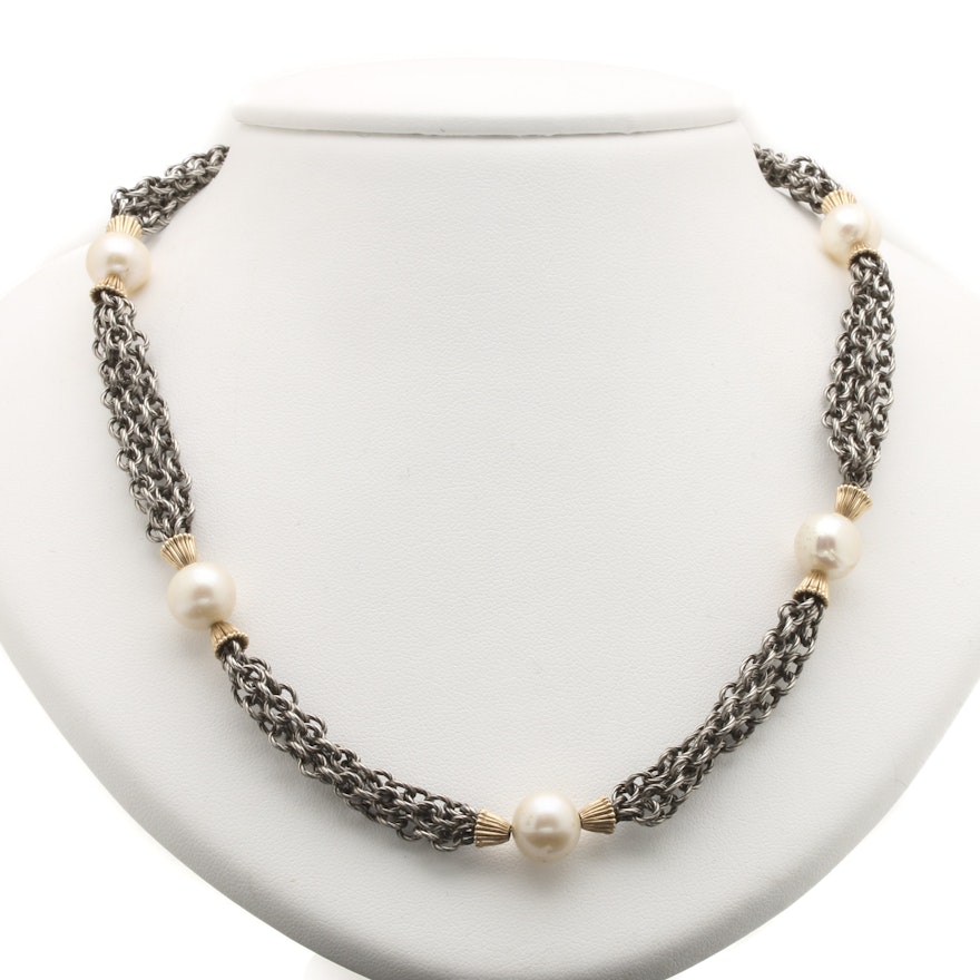 Sterling Silver and 10K Yellow Gold Cultured Pearl Necklace