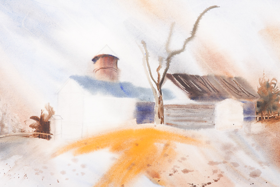 Original Watercolor Farm Scene Painting by Jean Dennis Eringen