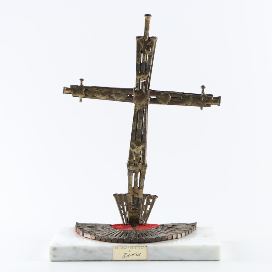 Ed Hall Handmade Sculpture of Made Composite Metal Cross On Marble Base