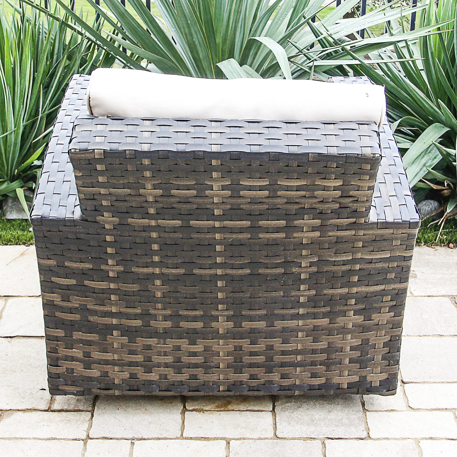 Brown Woven Patio Chair with Cream Upholstered Cushions