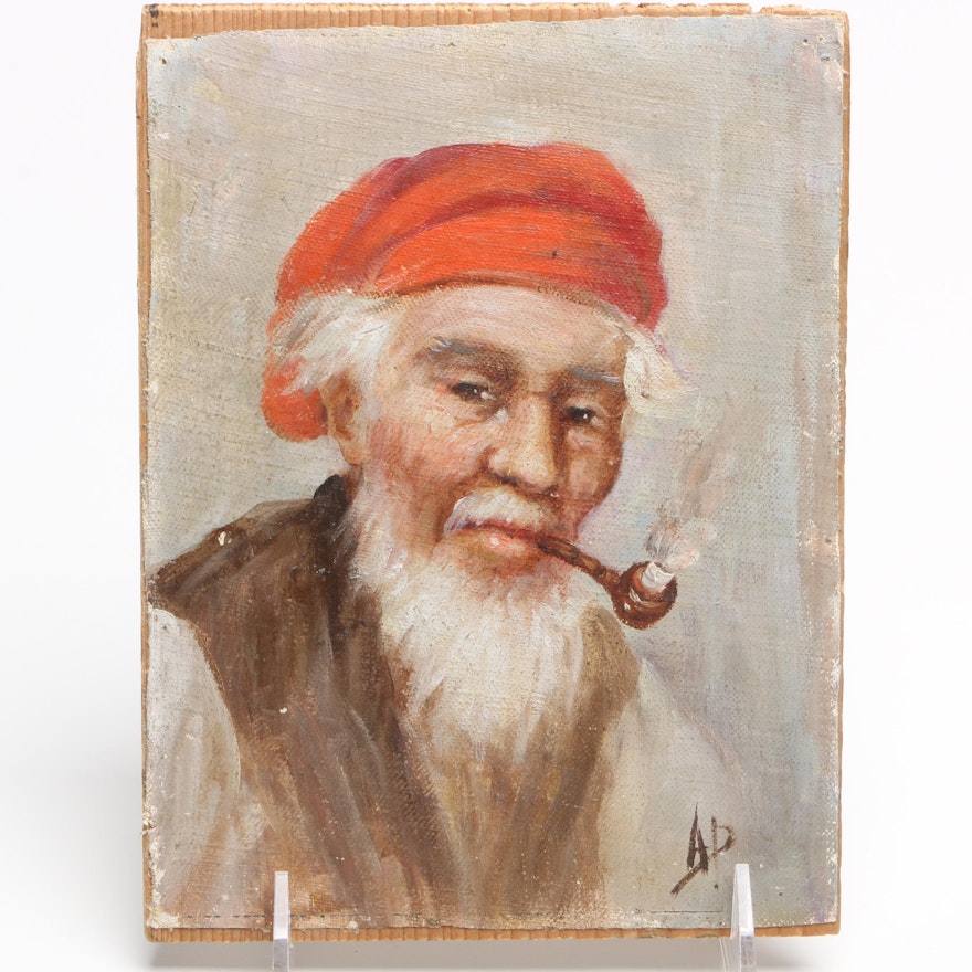 Oil on Canvas Portrait of Man with Pipe