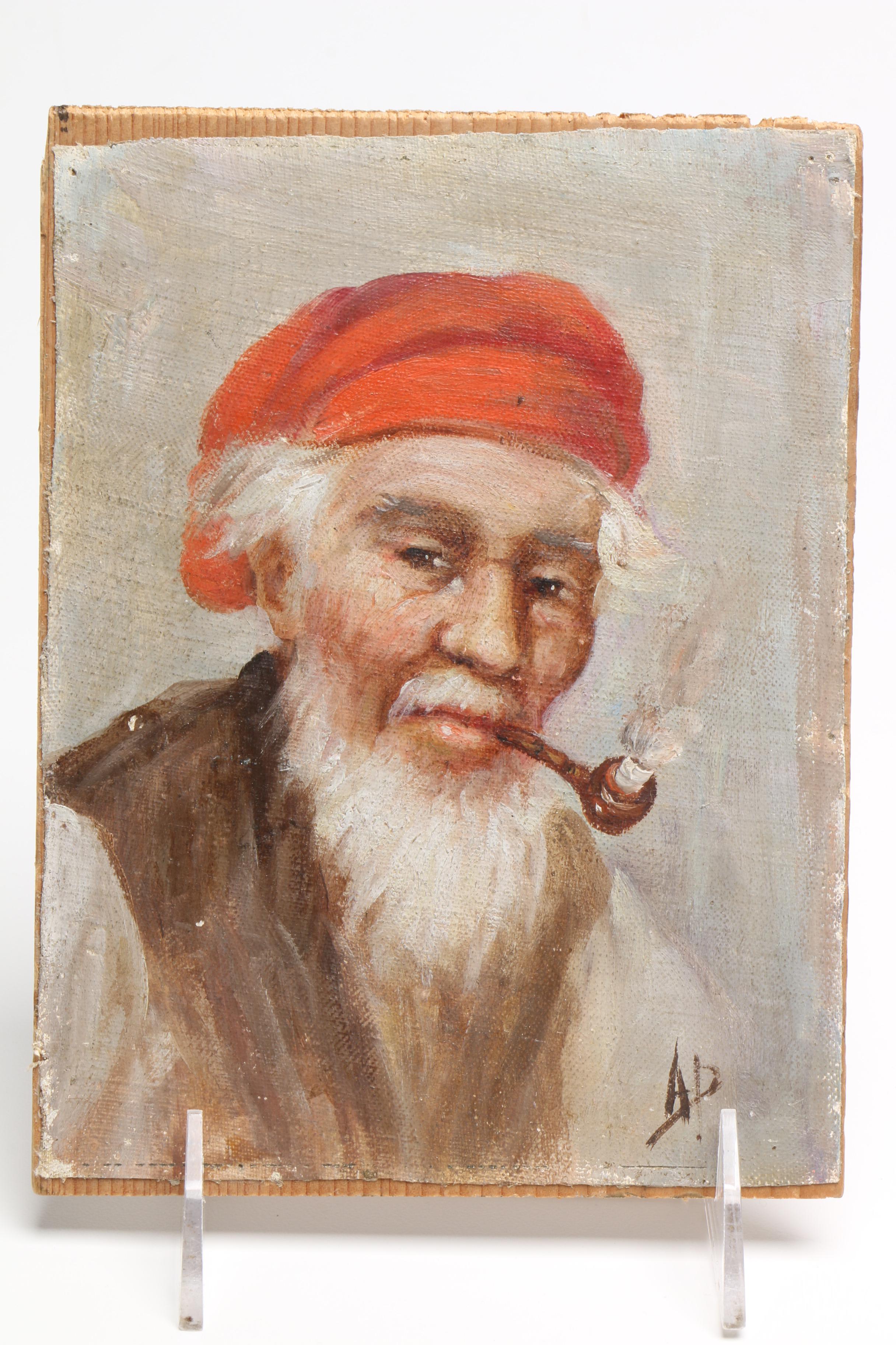 Oil on Canvas Portrait of Man with Pipe