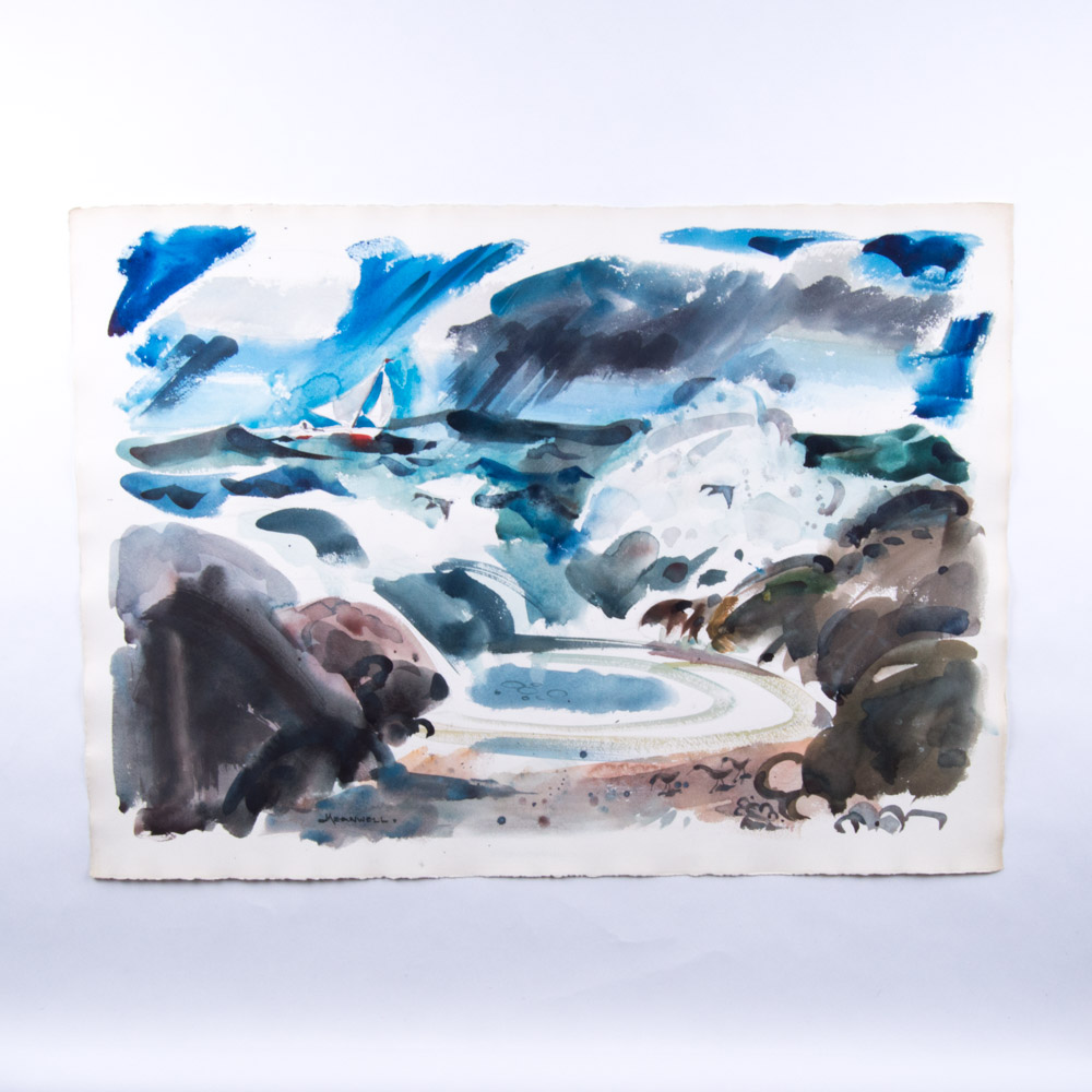 Jack Meanwell Watercolor Painting on Paper Seaside with Sailboat and Seagulls