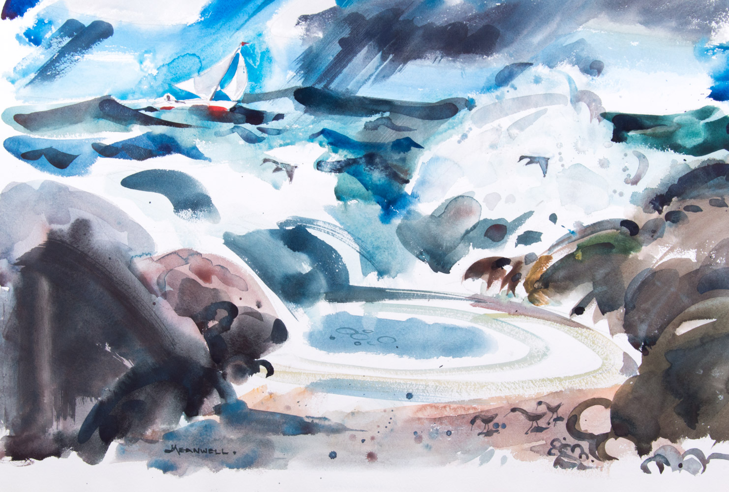 Jack Meanwell Watercolor Painting on Paper Seaside with Sailboat and Seagulls