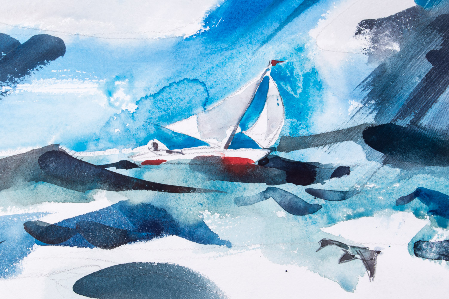 Jack Meanwell Watercolor Painting on Paper Seaside with Sailboat and Seagulls