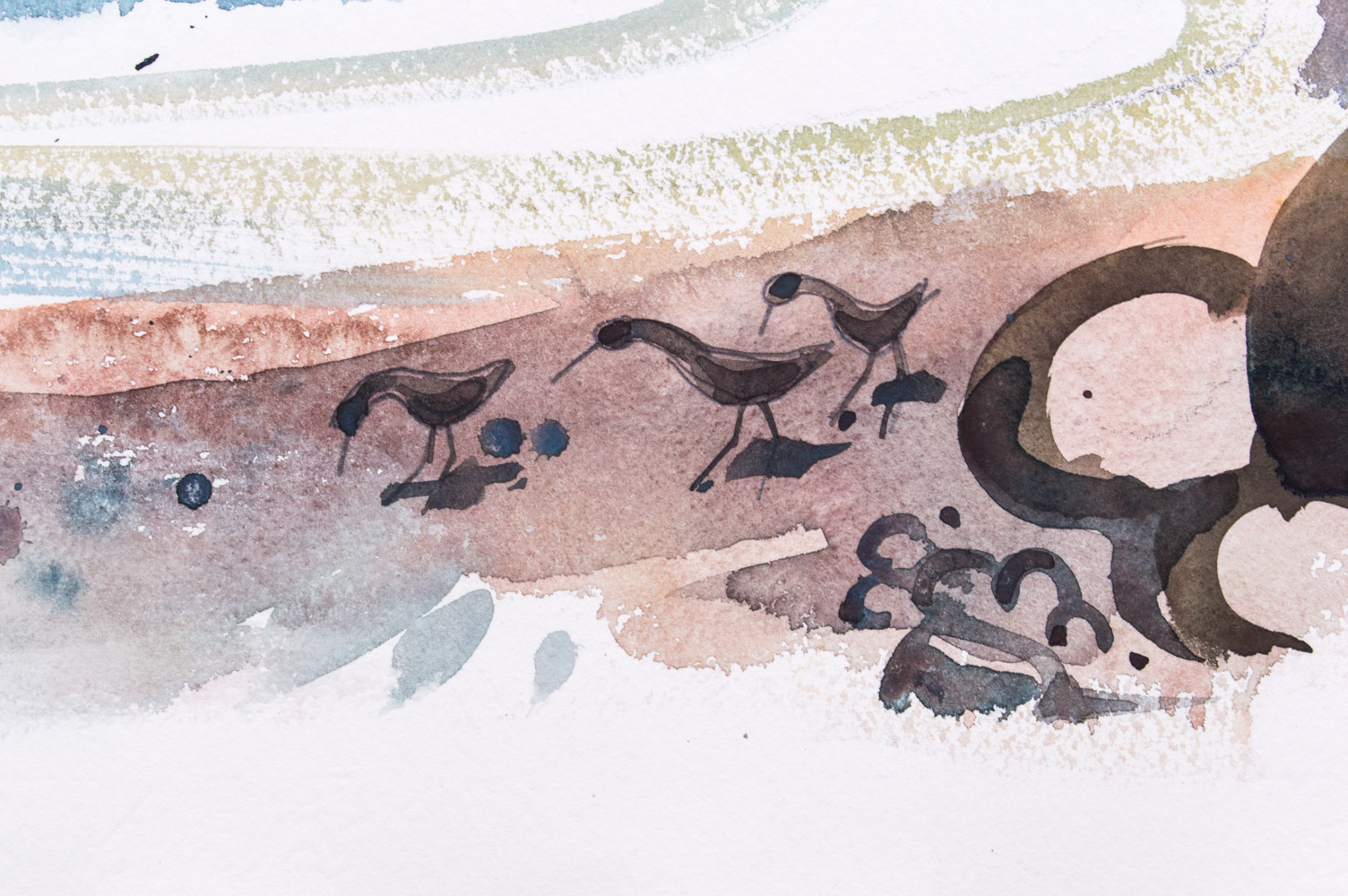 Jack Meanwell Watercolor Painting on Paper Seaside with Sailboat and Seagulls