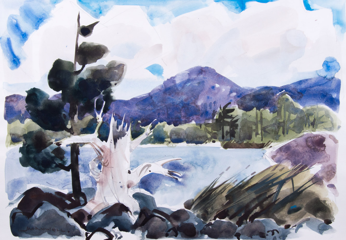 Jack Meanwell Watercolor Painting on Paper Overlooking the Lake