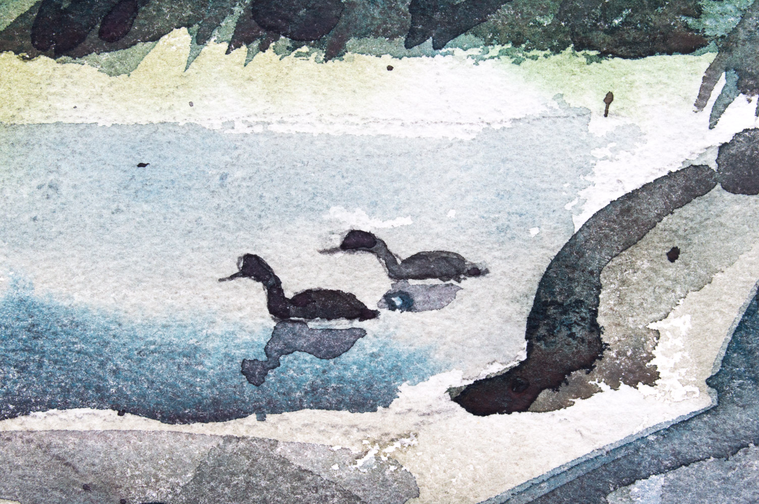 Jack Meanwell Watercolor Painting on Paper Ducks on the Pond Landscape