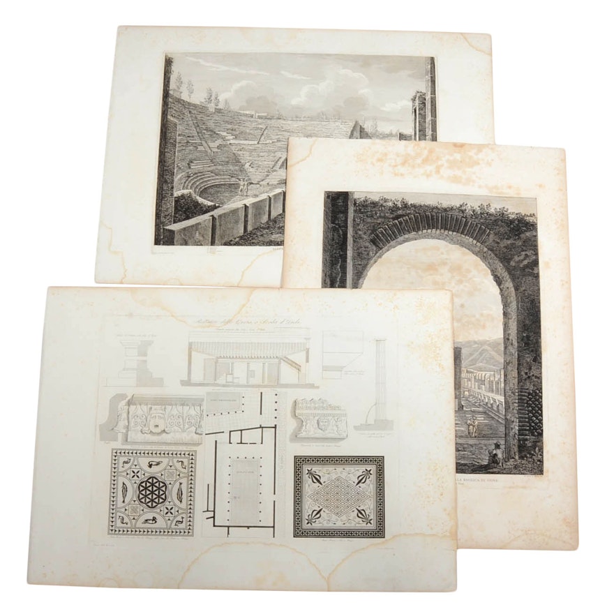 Collection of Three Antique Italian Etchings of Roman Antiquities