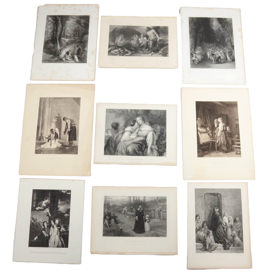 Collection of Nine Antique Steel Engraving Prints