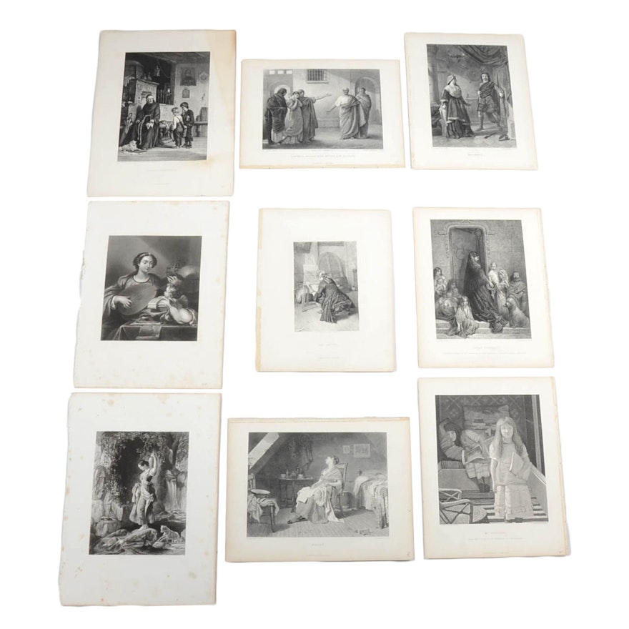 Collection of Nine Antique Steel Engraving Prints